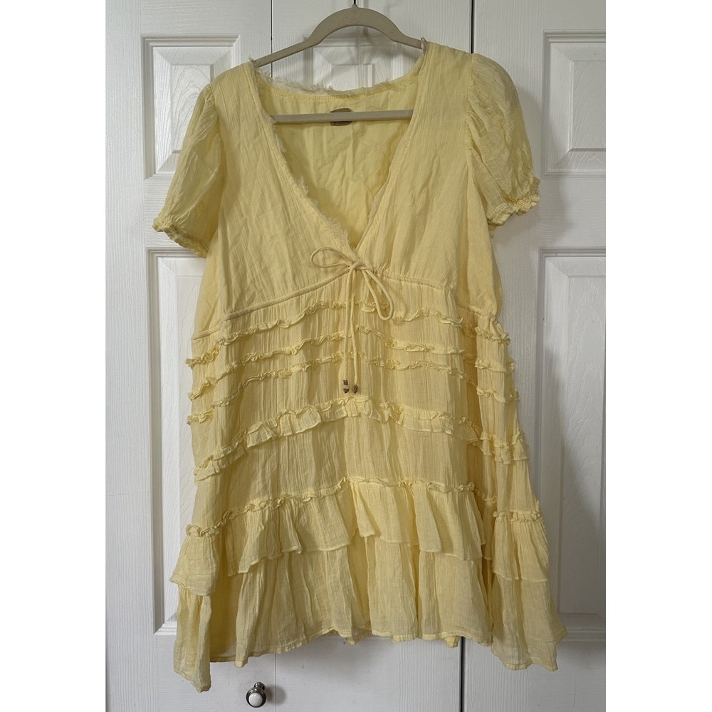 Free People Free-est Darcy Mini Dress XL Yellow Ruffle Tiered Cotton
